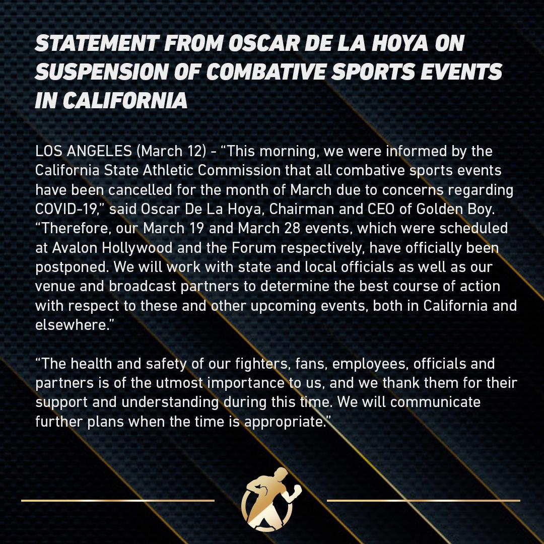 Oscar De La Hoya Statement on Suspension of Combative Sports Events in California